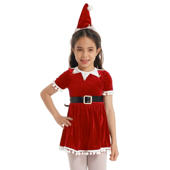inhzoy Kids Girls Christmas Elf Costume Velvet Tutu Dress with Hat Belt Red 5-6