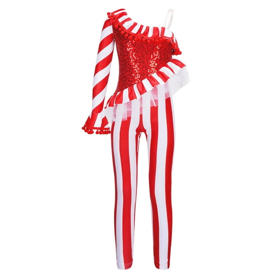 inhzoy Kids Girls Christmas Performance Outfits Candy Cane Striped Jumpsuit Unitard Red 6