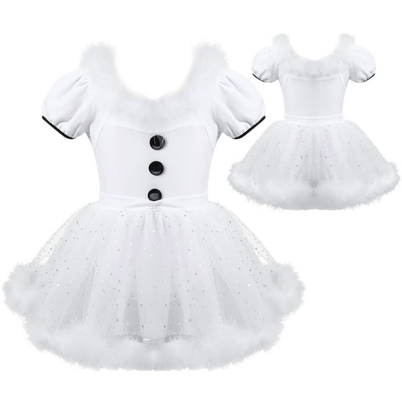 inhzoy Kids Girls Christmas Snowman Ballet Tutu Dress Ice Skating Leotard Dress White 2