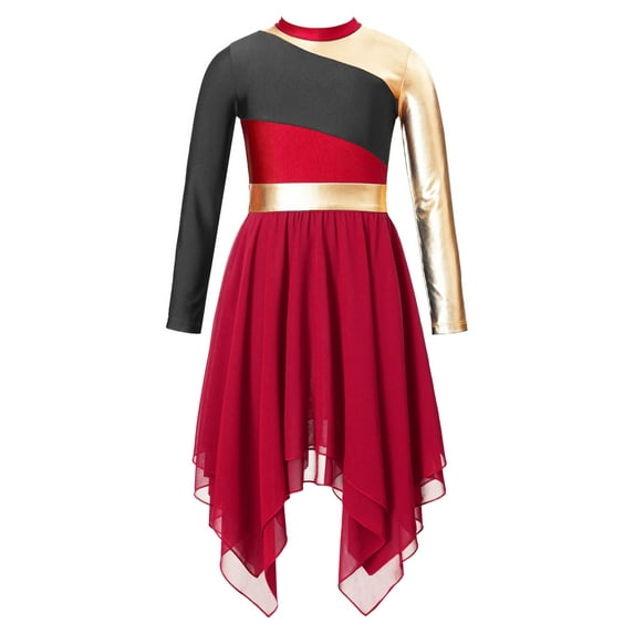 inhzoy Kids Girls Color Block Praise Dance Dress Church Choir Worship Dance Performance Tunic,Sizes 6-16 Burgundy 10