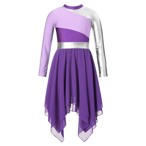 inhzoy Kids Girls Color Block Praise Dance Dress Church Choir Worship Dance Performance Tunic,Sizes 6-16 Purple 12