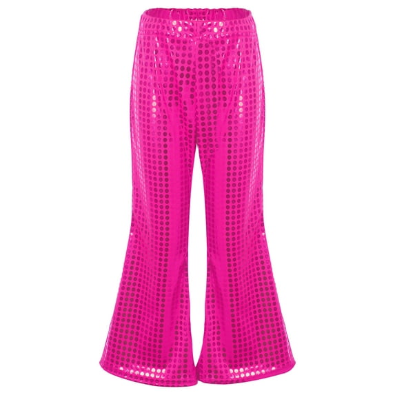 inhzoy Kids Girls Elastic Waist Sparkly Sequin Flared Pants Dance Performance Shiny Bell-Bottom Trousers Hot Pink 9-10