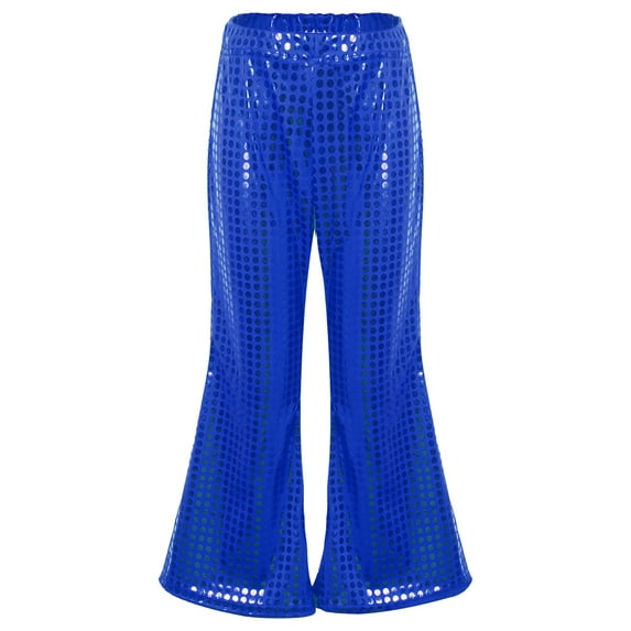inhzoy Kids Girls Elastic Waist Sparkly Sequin Flared Pants Dance Performance Shiny Bell-Bottom Trousers Royal Blue 13-14