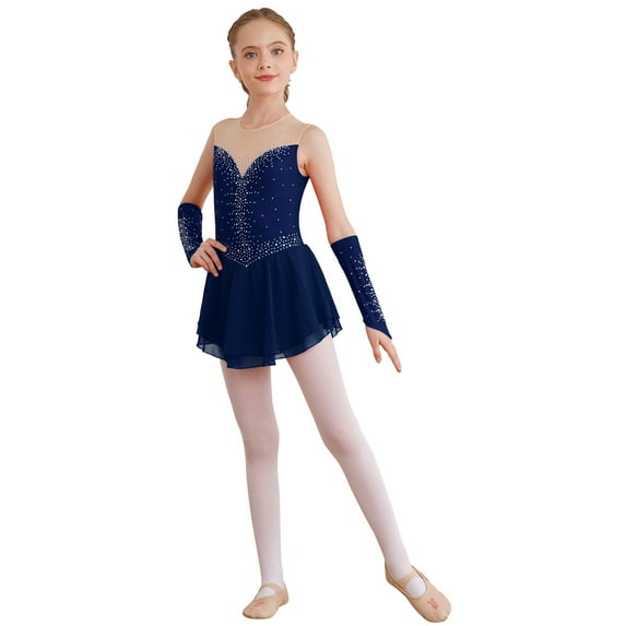 inhzoy Kids Girls Figure Ice Skating Dress Ballet Dance Competition Rhinestones Leotard Dress with Glovers Navy Blue 10