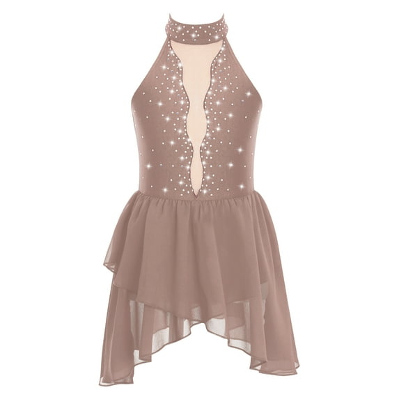 inhzoy Kids Girls Figure Ice Skating Dress Leotard Halter Neck Lyrical Ballet Dancewear,Sizes 6-16 Dusty Pink 16