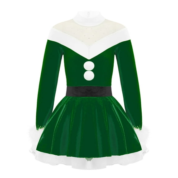 inhzoy Kids Girls Figure Skating Dance Dress Leotard Miss Santa Claus Dress-Up Green 12