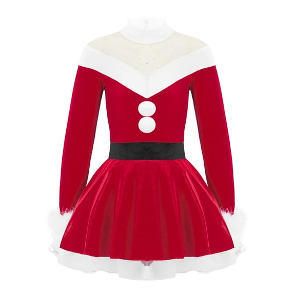 inhzoy Kids Girls Figure Skating Dance Dress Leotard Miss Santa Claus Dress-Up Red 12
