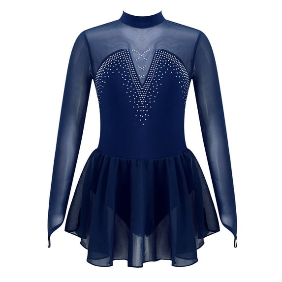 inhzoy Kids Girls Figure Skating Dress Mesh Long Sleeve Lyrical Ballet Dance Leotard Dress Navy Blue 8