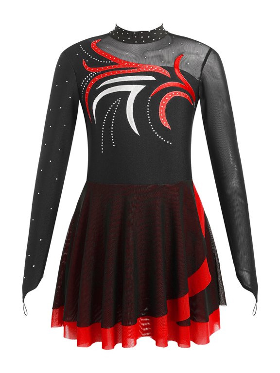 Kids Girls Figure Skating Dress Shiny Rhinestones Ice Dance Competition Outfit,Sizes 6-16 Red 6