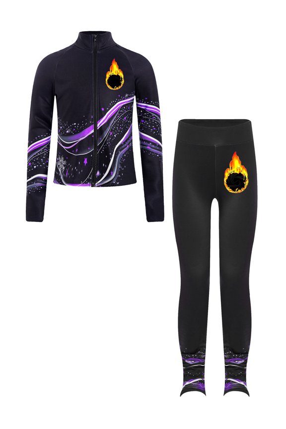 Kids Girls Figure Skating Training Suit Zipper Fleece Printed Jacket with Practice Leggings Pants Set Purple 16