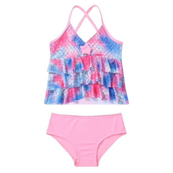 inhzoy Kids Girls Fish Scales Printed Cross Back Swim Tops Bottoms Set Swimming