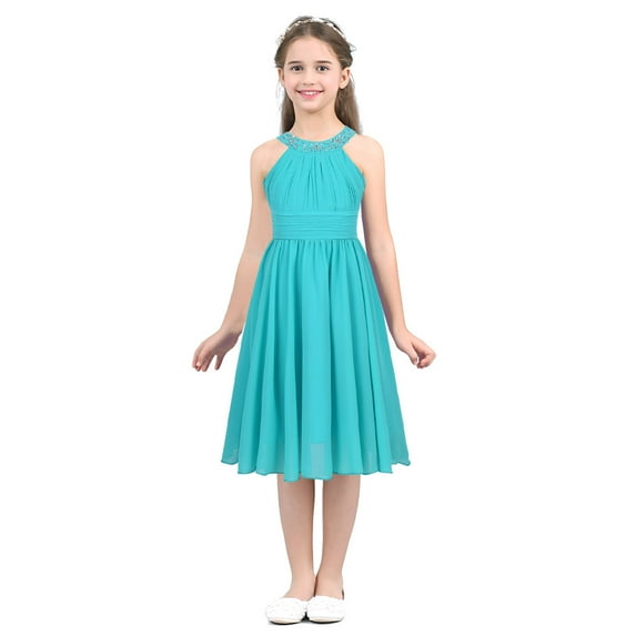 inhzoy Kids Girls Flower Girls Bridesmaid Dress Halter Neck Chiffon Formal Gown for Wedding Birthday Evening Party Turquoise 4