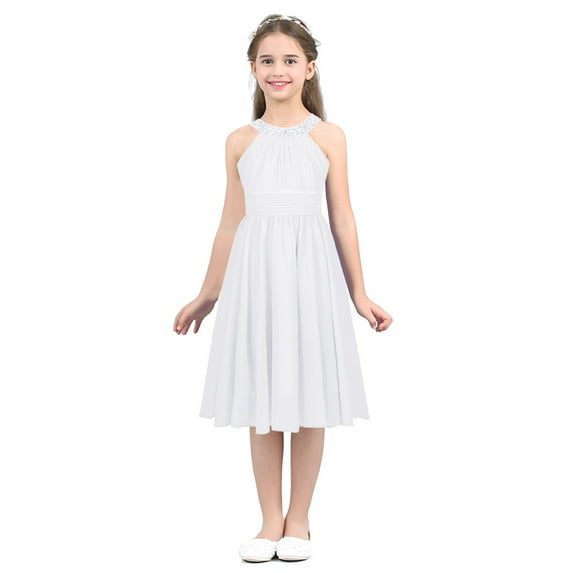 inhzoy Kids Girls Flower Girls Bridesmaid Dress Halter Neck Chiffon Formal Gown for Wedding Birthday Evening Party White 16