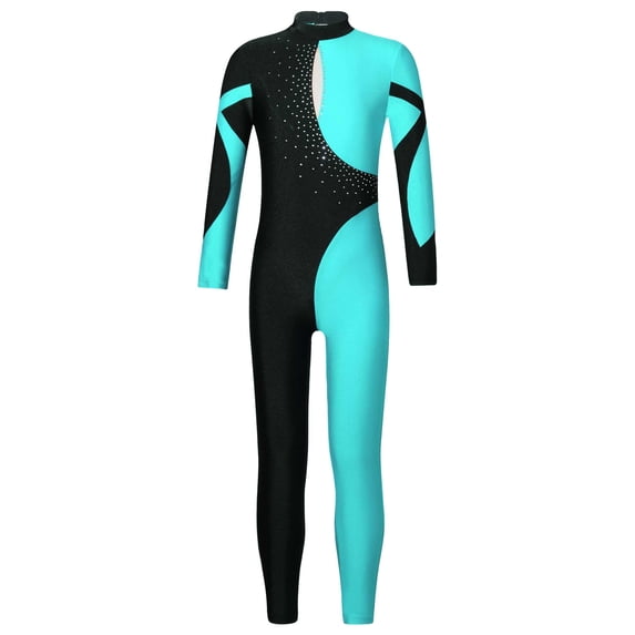 inhzoy Kids Girls Full Length Jumpsuit Gymnastic Leotard Unitard Rhinestone Long Sleeve Bodysuit Ballet Dancewear Blue Green 14