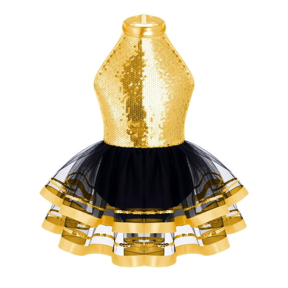 inhzoy Kids Girls Glittery Sequins Splice Leotard with Tutu Mesh Skirts Gold 6