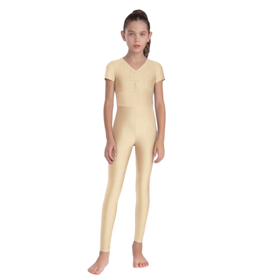 inhzoy Kids Girls Gymnastics Dance Bodysuit Full Body Unitards Short Sleeve Catsuit Tumbling Outfit Zipper Workout Nude 12