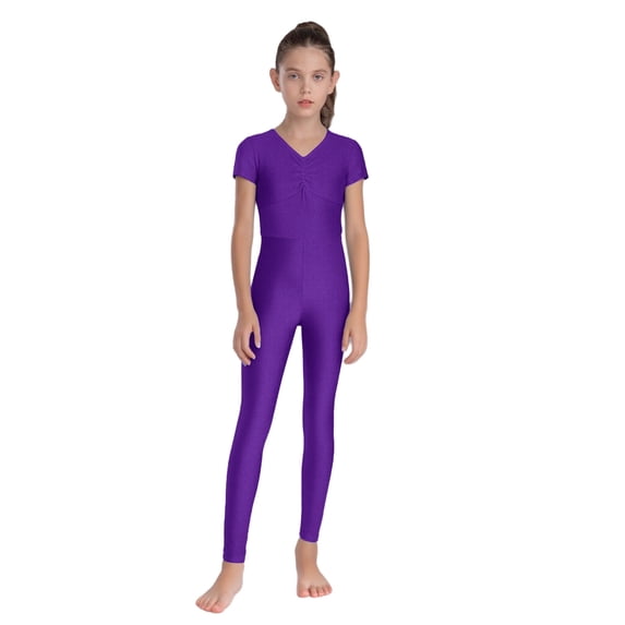 inhzoy Kids Girls Gymnastics Dance Bodysuit Full Body Unitards Short Sleeve Catsuit Tumbling Outfit Zipper Workout Purple 8