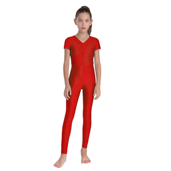 inhzoy Kids Girls Gymnastics Dance Bodysuit Full Body Unitards Short Sleeve Catsuit Tumbling Outfit Zipper Workout Red 16