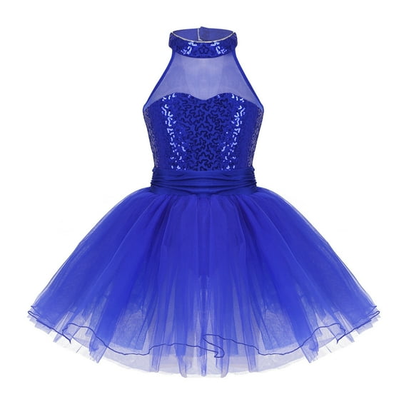 inhzoy Kids Girls Halter Sleeveless Sequins Mesh Splice Ballet Dance Dress Modern Dancewear Blue 5-6