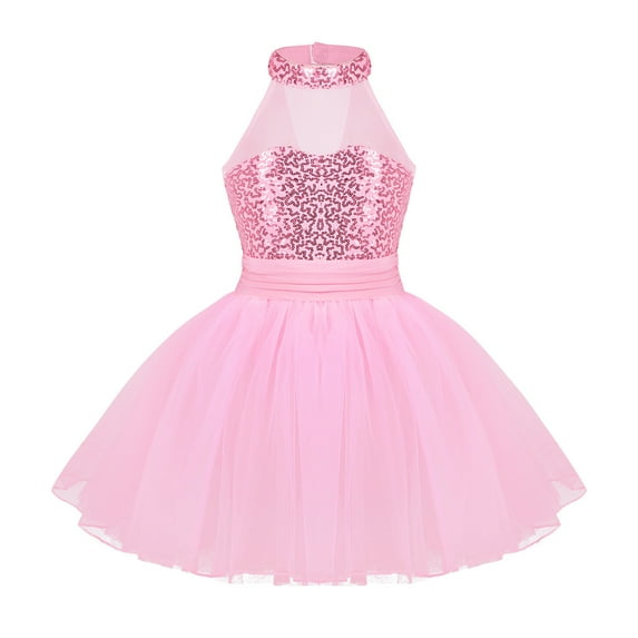 inhzoy Kids Girls Halter Sleeveless Sequins Mesh Splice Ballet Dance Dress Modern Dancewear Pink 7-8