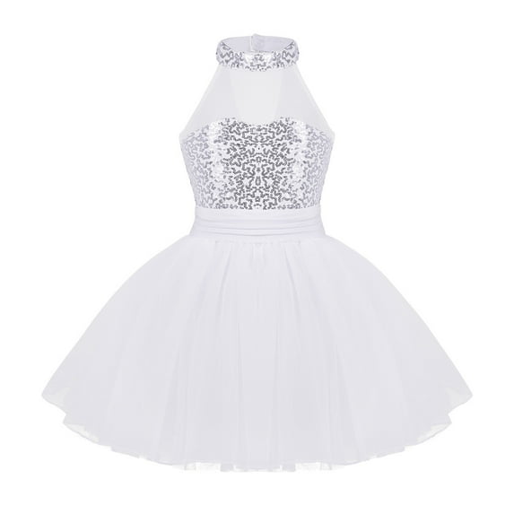 inhzoy Kids Girls Halter Sleeveless Sequins Mesh Splice Ballet Dance Dress Modern Dancewear White 4-5