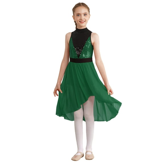 inhzoy Kids Girls High-Low Lyrical Dance Dress Sequins Sleeveless Modern Contemporary Dancewear Dark Green 6