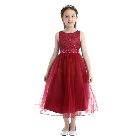 inhzoy Kids Girls High Waist Bridesmaid Princess Dress Sequins Flowy Girls Wedding Birthday Evening Pary Gowns Burgundy 6