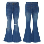 inhzoy Kids Girls High Waist Distressed Flared Jeans Bell Bottom Denim Trousers Blue 8