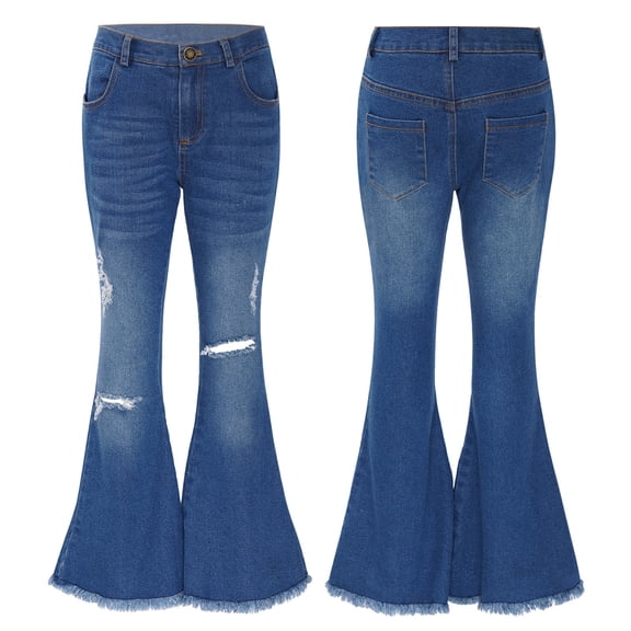 inhzoy Kids Girls High Waist Distressed Flared Jeans Bell Bottom Denim Trousers Blue 8