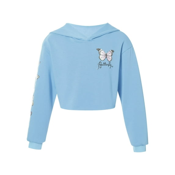 inhzoy Kids Girls Hoodie Crop Top with Butterflies Printed Hip Hop Jazz Street Dance Pullover Sweatshirt Light Blue 12