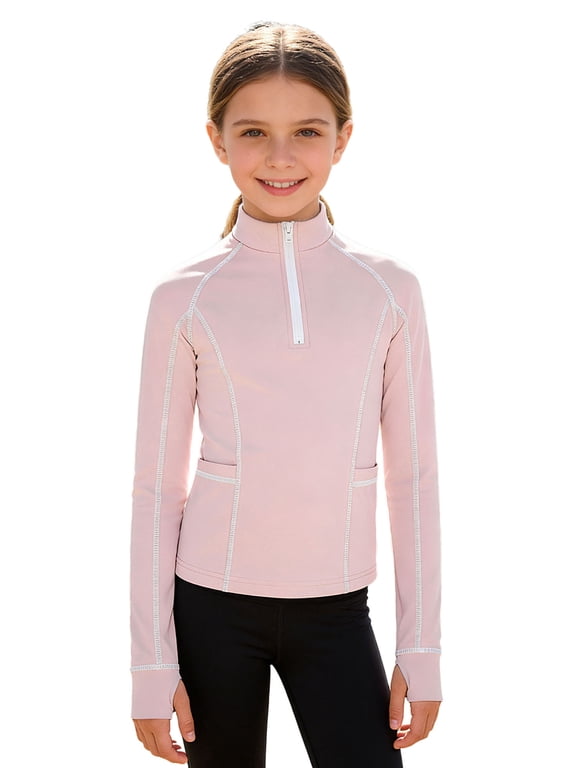 Kids Girls Horse Riding Long Sleeve Shirts Athletic Yoga Jacket Half Zip Pullover Sweatshirts Pink 12