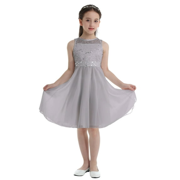 inhzoy Kids Girls Lace Chiffon Flower Girls Dress Bowknot Back Sleeveless Sequined Wedding Birthday Party Princess Gowns,Sizes 2-16 Gray 10