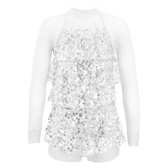 inhzoy Kids Girls Latin Jazz Dance Leotard Shiny Sequins Hip-Hop Ballet Dance Jumpsuit Unitard Dress Silver 12