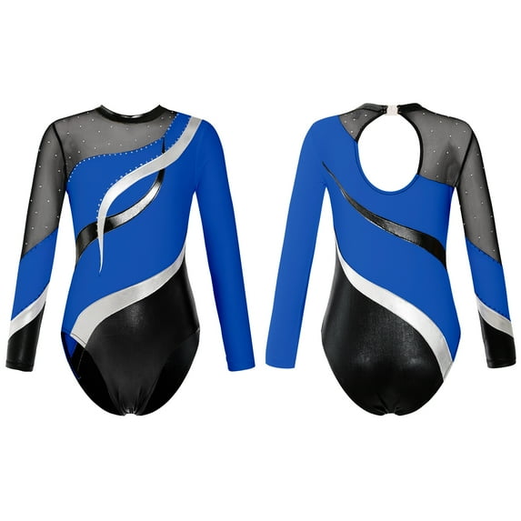 inhzoy Kids Girls Long Sleeve Ballet Gymnastic Dance Leotard Mesh Splice Figure Skating Costumes Jumpsuit Royal Blue 6