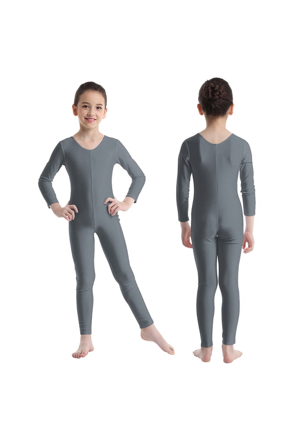 Kids Girls Long Sleeve Ballet Gymnastic Leotard Full Length Jumpsuit Unitard Solid Color Dancewear,Sizes 3-14 Grey 11-12