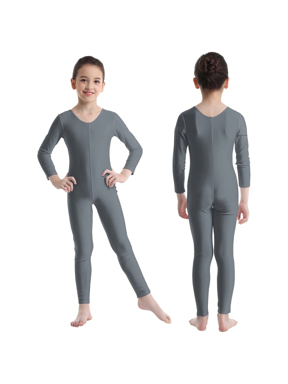 Kids Girls Long Sleeve Ballet Gymnastic Leotard Full Length Jumpsuit Unitard Solid Color Dancewear,Sizes 3-14 Grey 9-10