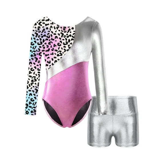 inhzoy Kids Girls Long Sleeve Bodysuit Leotards with Shorts Sets for Gymnastic Dance Sports Silver 10