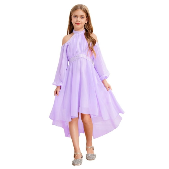 inhzoy Kids Girls Long Sleeve Junior Bridesmaid Dresses Halter Off Shoulder Wedding Flower Girl High-Low Dress Light Purple 8