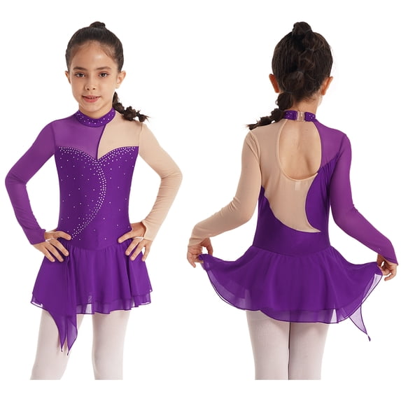 inhzoy Kids Girls Long Sleeve Rhinestone Figure Ice Skating Dress Purple 8
