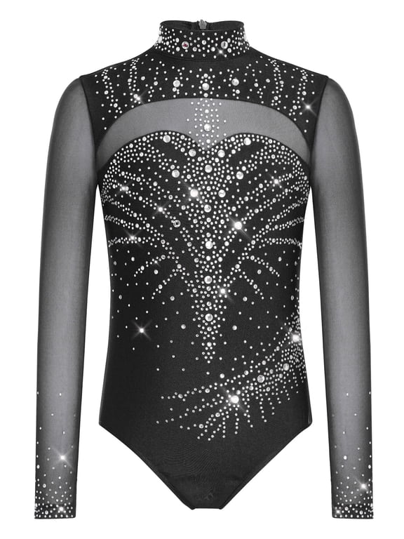 Kids Girls Long Sleeve Sparkly Rhinestone Gymnastics Leotard Bodysuit Biketard Unitard Competition Dancewear Black 6