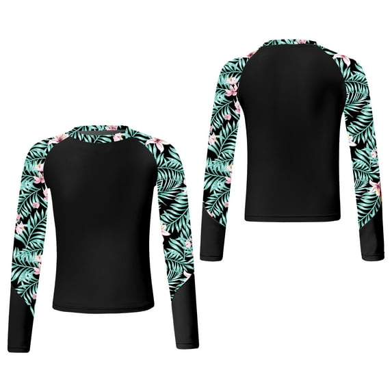 inhzoy Kids Girls Long Sleeve Swim Top with UPF 50+ Floral Printed Swimming Shirt Rash Guard Beach Bathing Tops Black 14