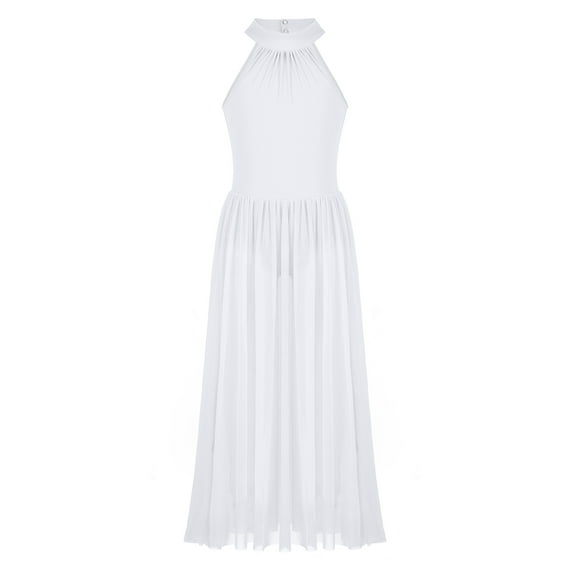 inhzoy Kids Girls Lyrical Dance Dress Halter Neck Tulle Leotard Dress Praise Dance Tunic White 12