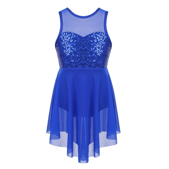 inhzoy Kids Girls Lyrical Dance Dress Sequins Mesh Ballet Dancewear Leotard Dress Royal Blue 10