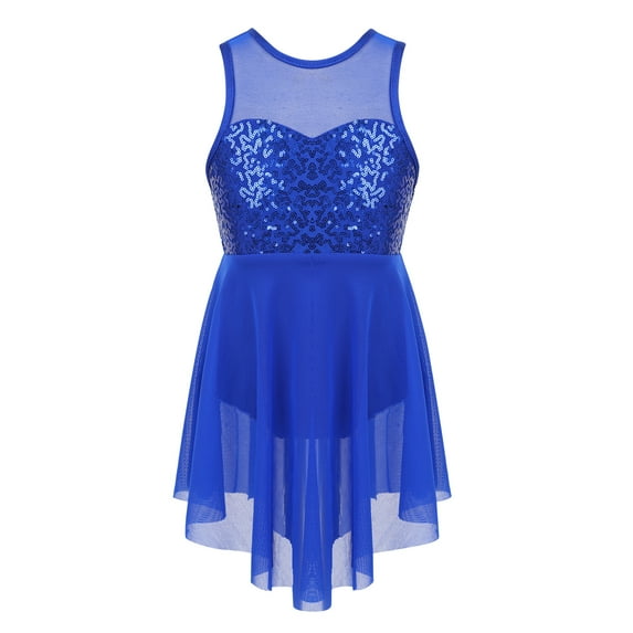 inhzoy Kids Girls Lyrical Dance Dress Sequins Mesh Ballet Dancewear Leotard Dress Royal Blue 16