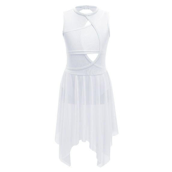 inhzoy Kids Girls Lyrical Dance Dress Sleeveless Cutout Ballet Leotard Dress Modern Contemporary Dancewear White 16