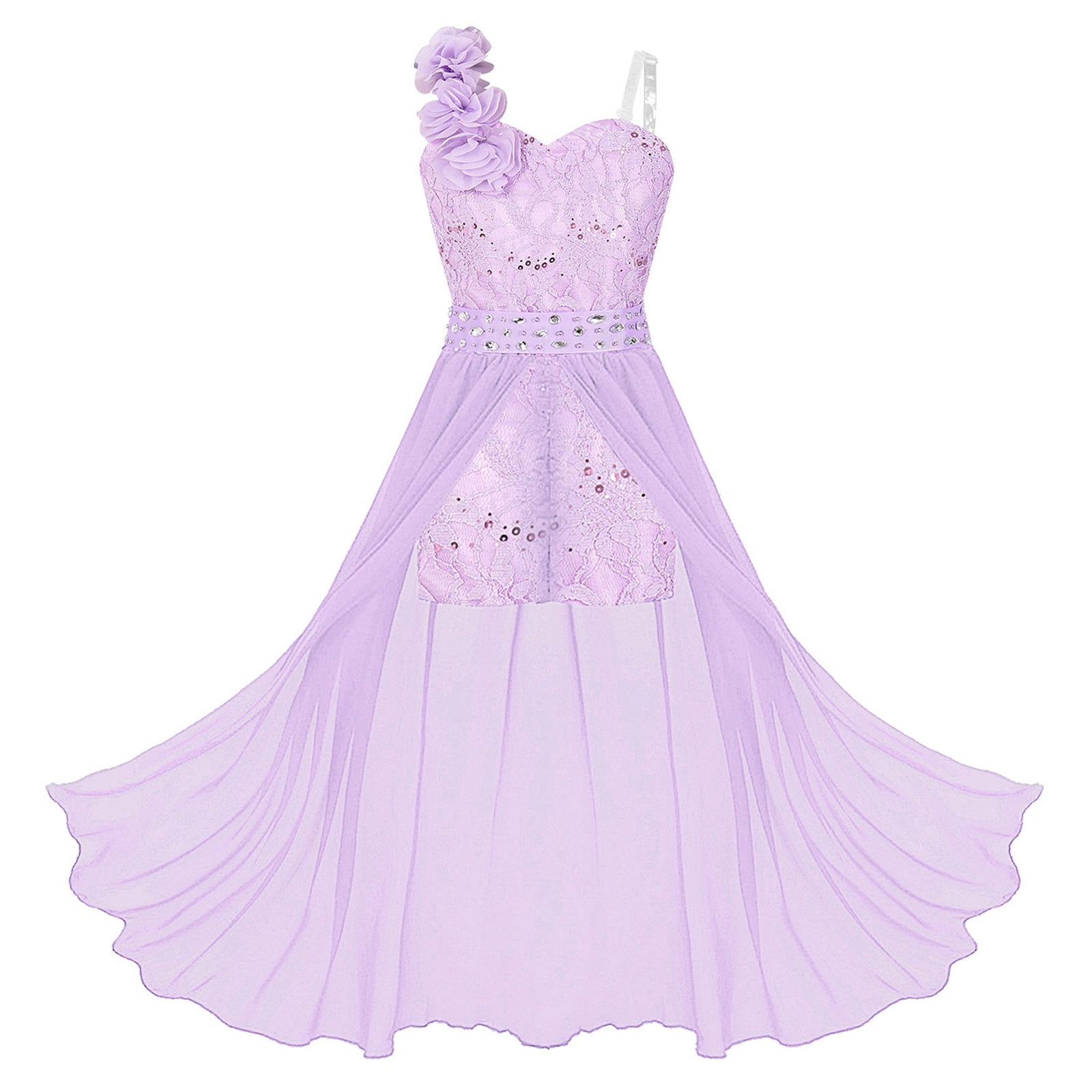 Pleated Lace Chiffon Long Junior Bridesmaid Gown Lavender