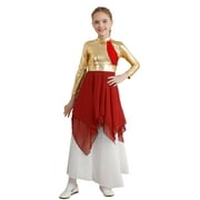 inhzoy Kids Girls Metallic Chiffon Patchwork Praise Dance Dress Tunic (White Dress Not Included) Red 16
