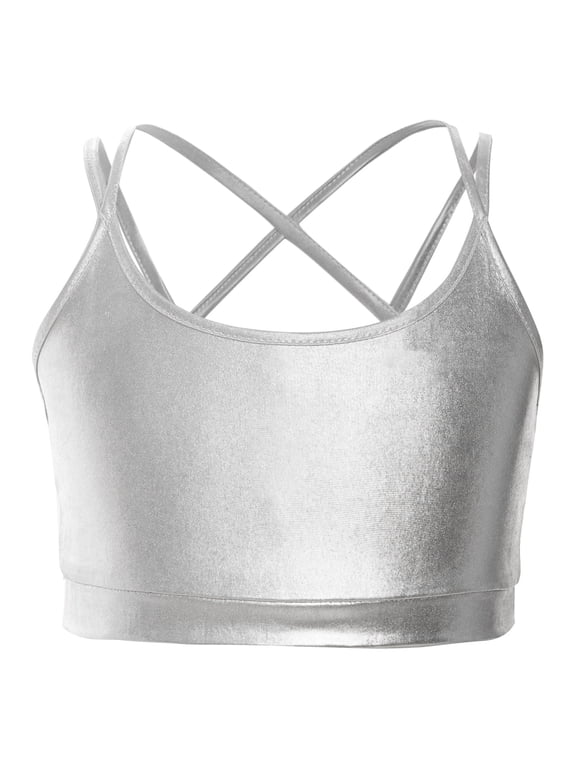 Kids Girls Metallic Cross Back Dance Crop Top Spaghetti Strap Cami Gymnastics Skating Athletic Sports Bra Silver 10