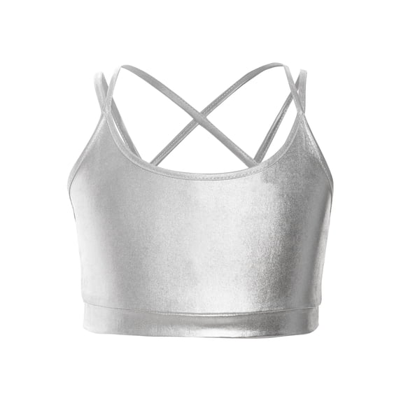 inhzoy Kids Girls Metallic Cross Back Dance Crop Top Spaghetti Strap Cami Gymnastics Skating Athletic Sports Bra Silver 12