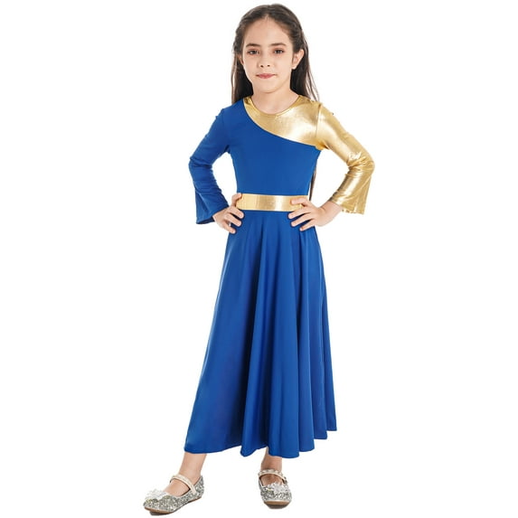 inhzoy Kids Girls Metallic Full Length Liturgical Praise Lyrical Dance Dress Royal Blue 4